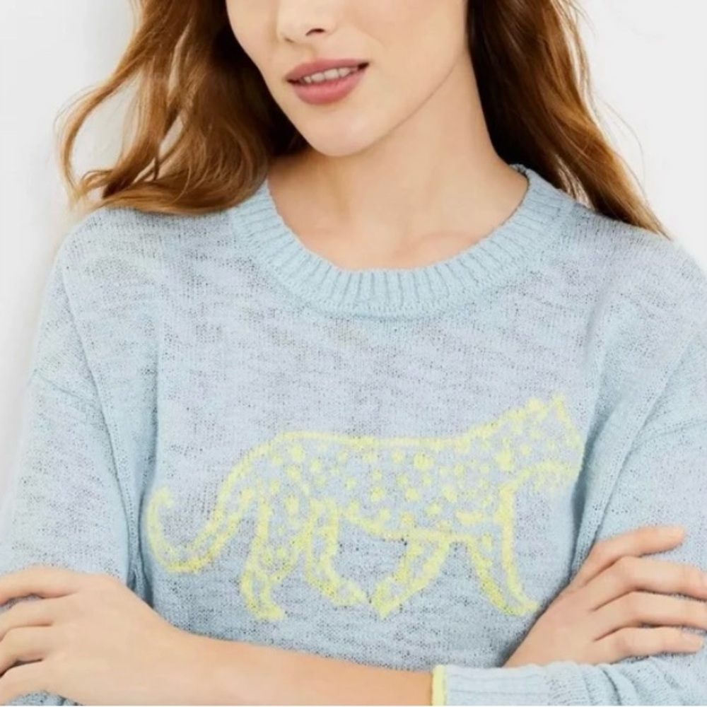 Women's Light Blue Sweater with Yellow Leopard Design
